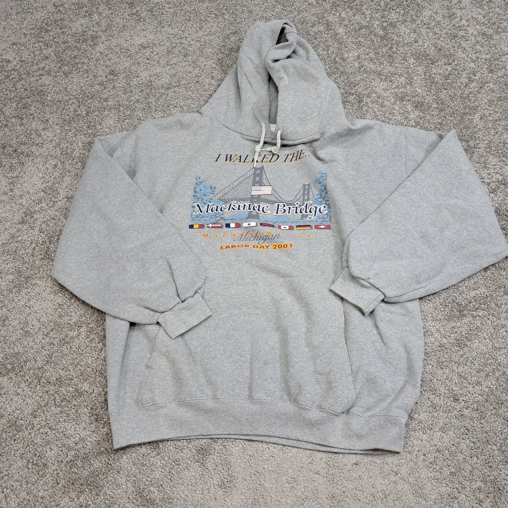 Vintage Mackinac Bridge Labor Day 2001 Hoodie Mens Large Gray Made in USA